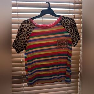 Colorful Striped Tee with Leopard Sleeves